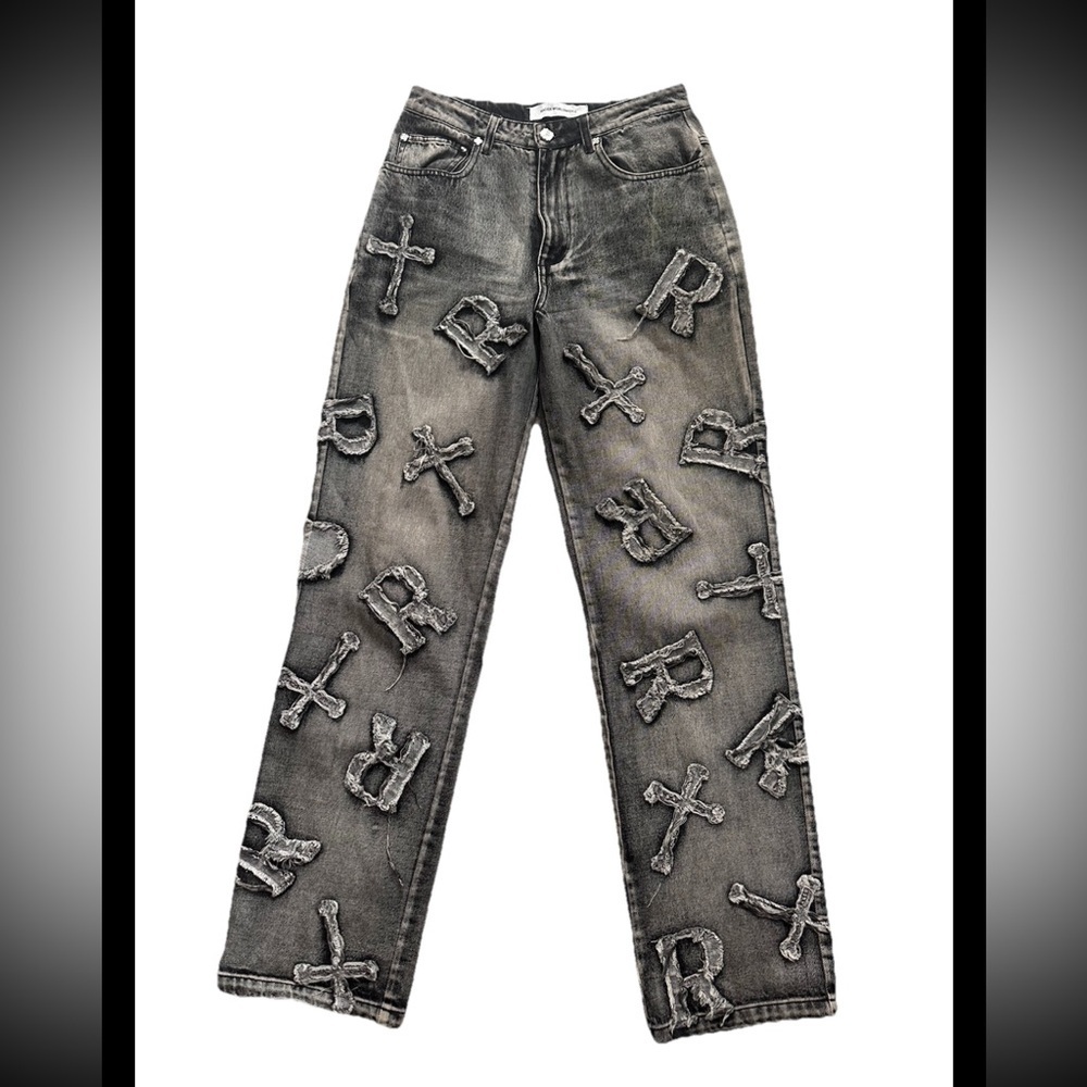 RACER WORLDWIDE Womens Midrise Graphic Streetwear Charcoal Wash Jeans Sz 28